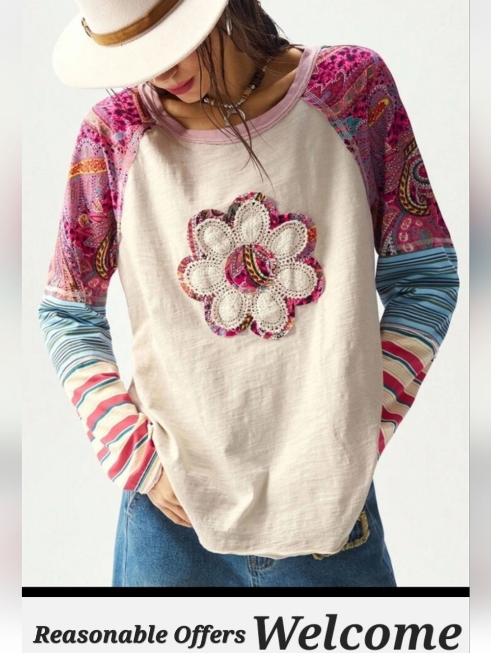 Boho Cream Raglan Long-Sleeve Tee with Pink Paisley Sleeves. NWOT Size Medium
